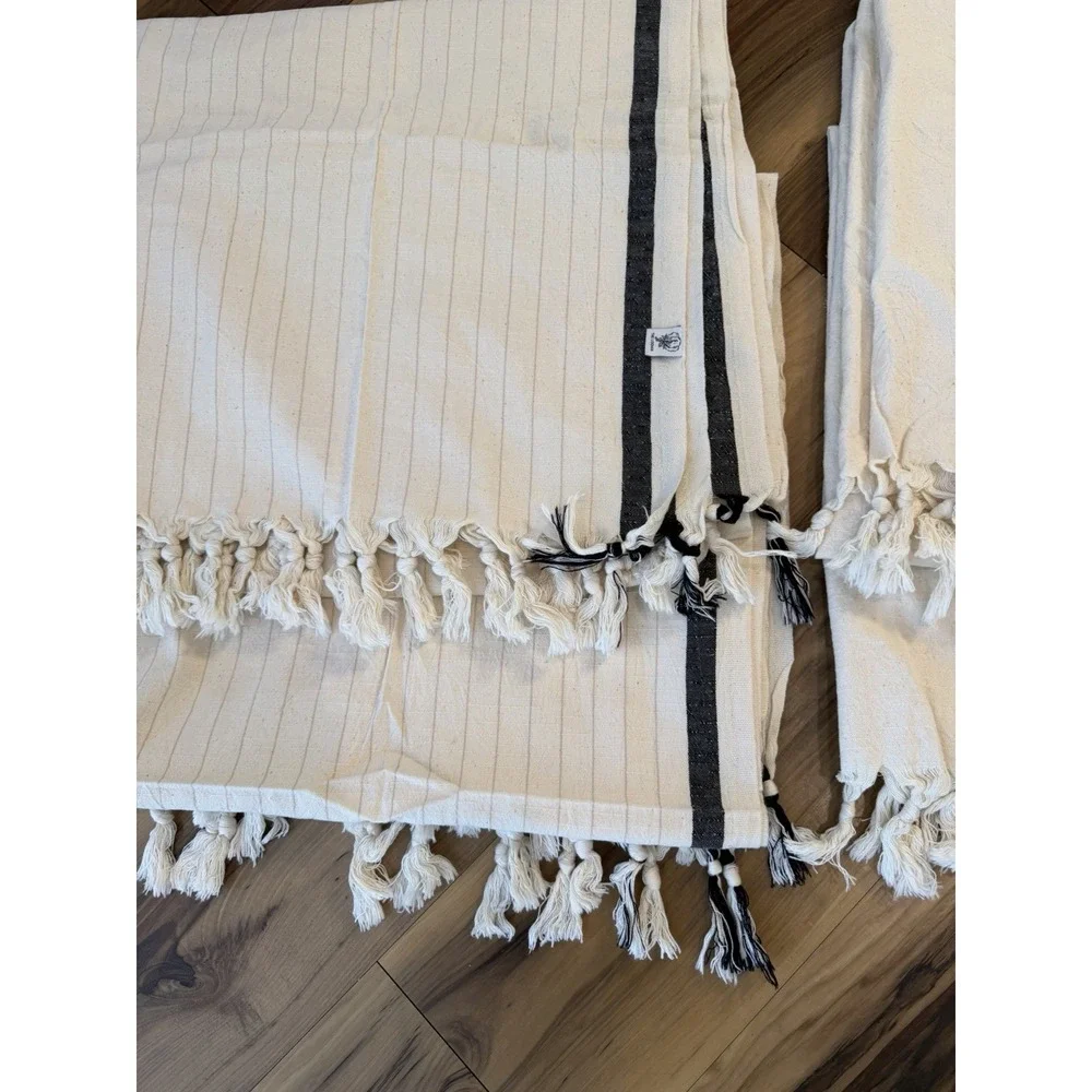 The Loomia Turkish Beach Towels Blanket Set of 4 Cotton Fringe Black Cream